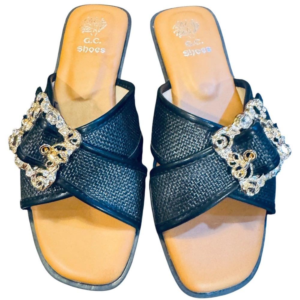 G.C. Shoes Ivy Black Raffia Rhinestone Buckle Slide Sandals Womens Size 7